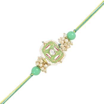 rakshabhandhan special kundan bhaiya bhabhi pearl hanging lumba rakhi combo set with roli chawal  3