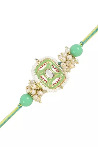 rakshabhandhan special kundan bhaiya bhabhi pearl hanging lumba rakhi combo set with roli chawal 