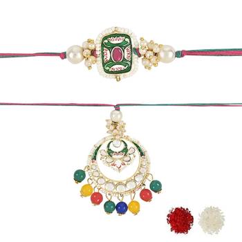 rakshabhandhan special kundan bhaiya bhabhi pearl hanging lumba bracelet rakhi combo set with roli chawal 1