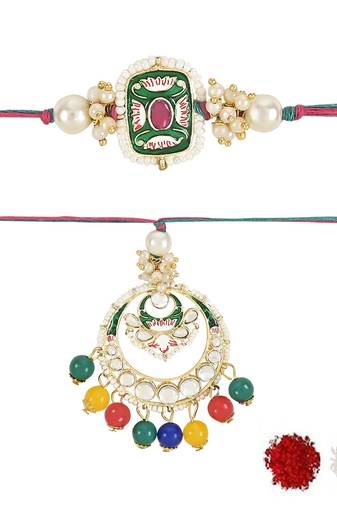 rakshabhandhan special kundan bhaiya bhabhi pearl hanging lumba bracelet rakhi combo set with roli chawal