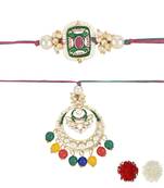 rakshabhandhan special kundan bhaiya bhabhi pearl hanging lumba bracelet rakhi combo set with roli chawal