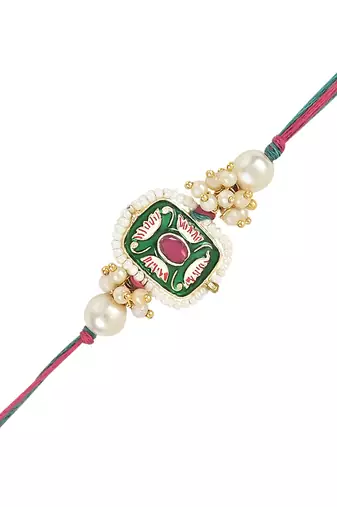 rakshabhandhan special kundan bhaiya bhabhi pearl hanging lumba bracelet rakhi combo set with roli chawal