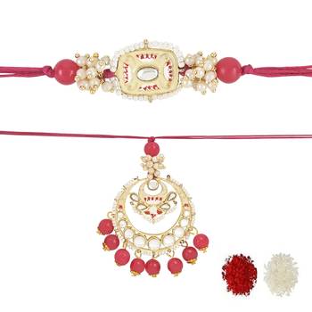rakshabhandhan special kundan bhaiya bhabhi pearl hanging lumba bracelet rakhi combo set with roli chawal 1