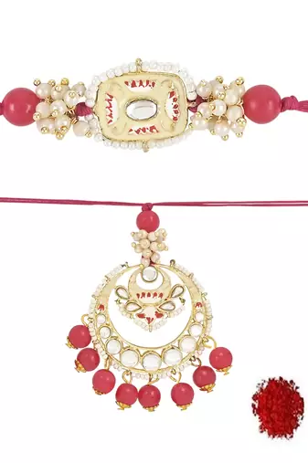 rakshabhandhan special kundan bhaiya bhabhi pearl hanging lumba bracelet rakhi combo set with roli chawal