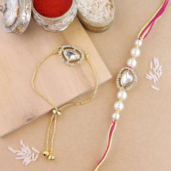rakshabhandhan special kundan bhaiya bhabhi pearl hanging lumba bracelet rakhi combo set with roli chawal 1