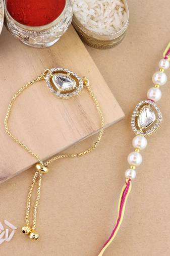 rakshabhandhan special kundan bhaiya bhabhi pearl hanging lumba bracelet rakhi combo set with roli chawal