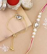 rakshabhandhan special kundan bhaiya bhabhi pearl hanging lumba bracelet rakhi combo set with roli chawal