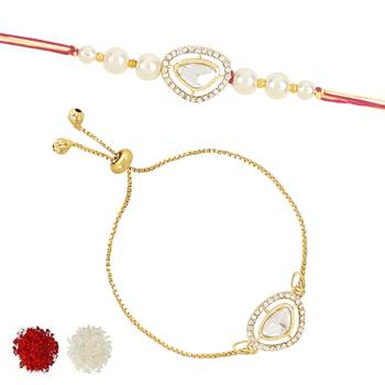 rakshabhandhan special kundan bhaiya bhabhi pearl hanging lumba bracelet rakhi combo set with roli chawal 2