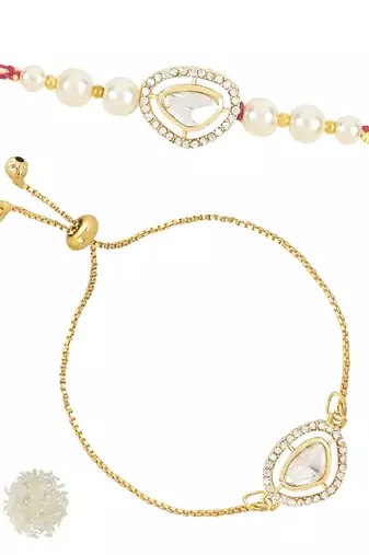 rakshabhandhan special kundan bhaiya bhabhi pearl hanging lumba bracelet rakhi combo set with roli chawal