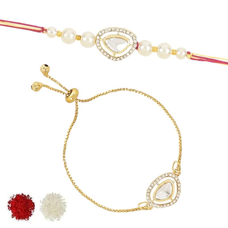 rakshabhandhan special kundan bhaiya bhabhi pearl hanging lumba bracelet rakhi combo set with roli chawal