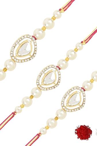 rakshabhandhan special kundan stone rakhi with roli chawal for bhaiya/brother/mens (r107w-3) (pack of 3 rakhi )