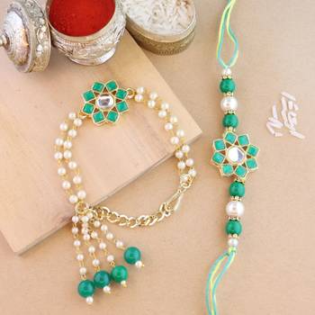rakshabhandhan special floral kundan stone bhaiya bhabhi pearl hanging lumba rakhi combo set with roli chawal 1