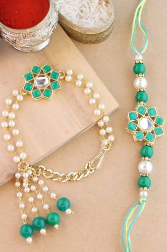 rakshabhandhan special floral kundan stone bhaiya bhabhi pearl hanging lumba rakhi combo set with roli chawal