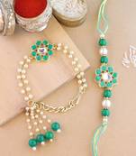 rakshabhandhan special floral kundan stone bhaiya bhabhi pearl hanging lumba rakhi combo set with roli chawal