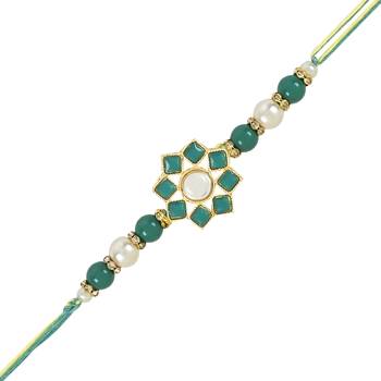 rakshabhandhan special floral kundan stone bhaiya bhabhi pearl hanging lumba rakhi combo set with roli chawal 2