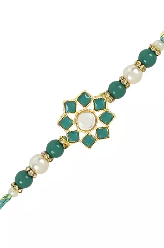 rakshabhandhan special floral kundan stone bhaiya bhabhi pearl hanging lumba rakhi combo set with roli chawal