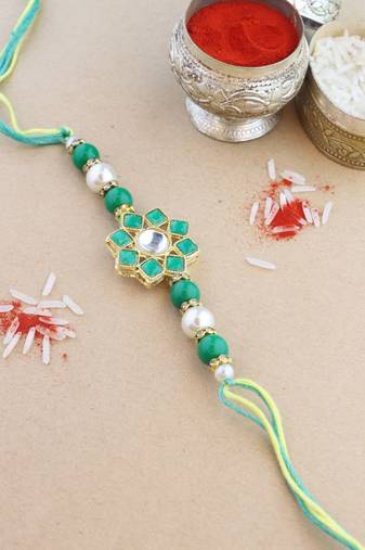 rakshabhandhan special kundan stone rakhi with roli chawal for bhaiya/brother/mens (r108g)