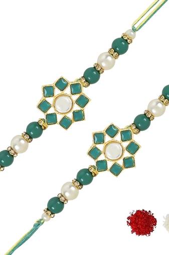 rakshabhandhan special kundan stone rakhi with roli chawal for bhaiya/brother/mens (r108g-2) (pack of 2 rakhi )