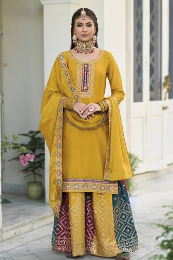 Palazzo Salwar Kameez Embroidered Georgette in Yellow