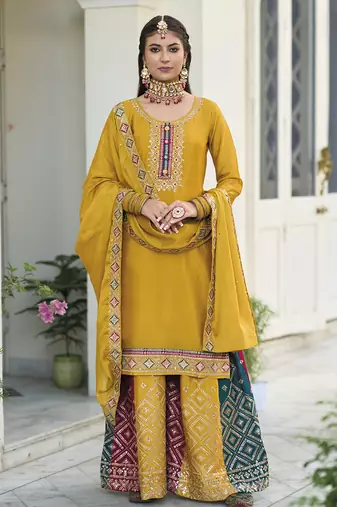 Palazzo Salwar Kameez Embroidered Georgette in Yellow