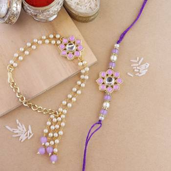 rakshabhandhan special floral kundan stone bhaiya bhabhi pearl hanging lumba rakhi combo set with roli chawal 1
