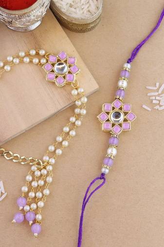 rakshabhandhan special floral kundan stone bhaiya bhabhi pearl hanging lumba rakhi combo set with roli chawal