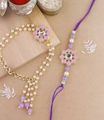 rakshabhandhan special floral kundan stone bhaiya bhabhi pearl hanging lumba rakhi combo set with roli chawal