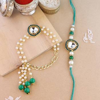rakshabhandhan special floral kundan stone bhaiya bhabhi pearl hanging lumba bracelet rakhi combo set with roli 1