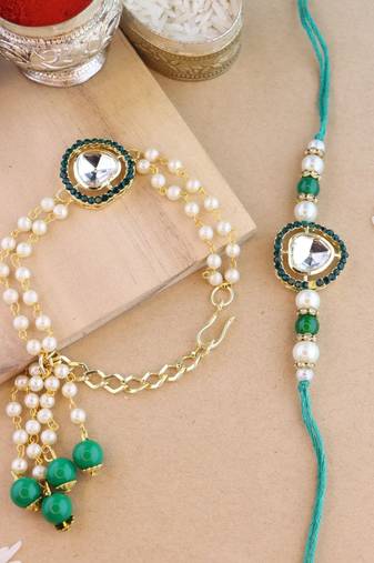rakshabhandhan special floral kundan stone bhaiya bhabhi pearl hanging lumba bracelet rakhi combo set with roli