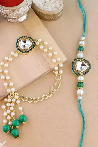 rakshabhandhan special floral kundan stone bhaiya bhabhi pearl hanging lumba bracelet rakhi combo set with roli