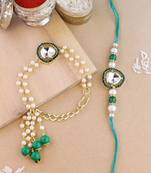 rakshabhandhan special floral kundan stone bhaiya bhabhi pearl hanging lumba bracelet rakhi combo set with roli