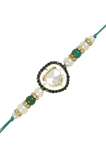 rakshabhandhan special floral kundan stone bhaiya bhabhi pearl hanging lumba bracelet rakhi combo set with roli