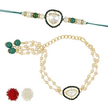 rakshabhandhan special floral kundan stone bhaiya bhabhi pearl hanging lumba bracelet rakhi combo set with roli 3