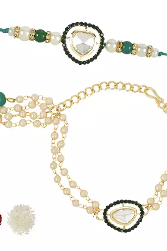 rakshabhandhan special floral kundan stone bhaiya bhabhi pearl hanging lumba bracelet rakhi combo set with roli
