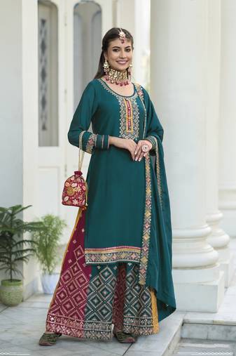 Palazzo Salwar Kameez Embroidered Georgette in Teal blue