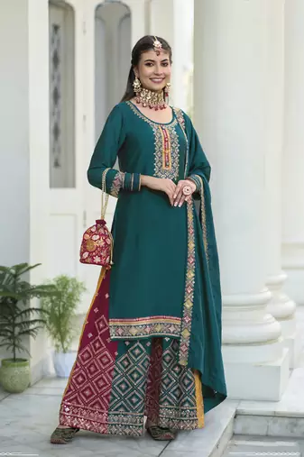 Designer Palazzo Salwar Kameez Embroidered Georgette in Teal blue