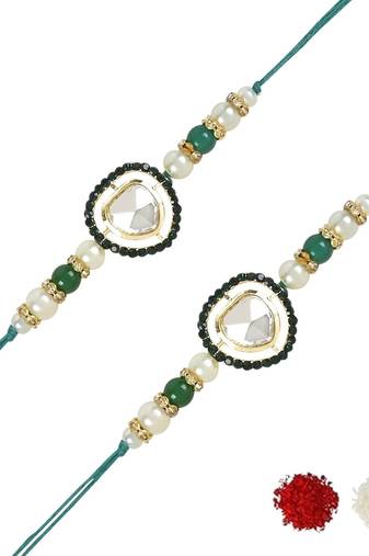 rakshabhandhan special kundan stone rakhi with roli chawal for bhaiya/brother/mens (r109g-2) (pack of 2 rakhi )