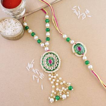 rakshabhandhan special meenakari kundan stone bhaiya bhabhi pearl hanging lumba bracelet rakhi combo set with 1