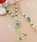 rakshabhandhan special meenakari kundan stone bhaiya bhabhi pearl hanging lumba bracelet rakhi combo set with