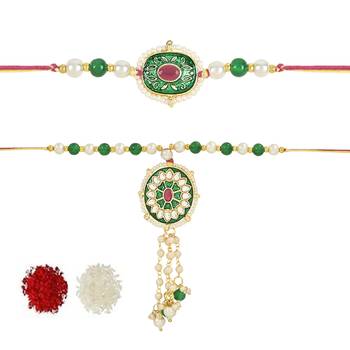 rakshabhandhan special meenakari kundan stone bhaiya bhabhi pearl hanging lumba bracelet rakhi combo set with 3