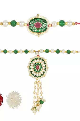 rakshabhandhan special meenakari kundan stone bhaiya bhabhi pearl hanging lumba bracelet rakhi combo set with