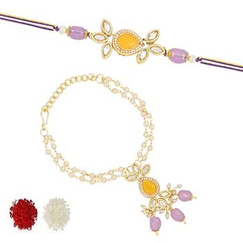 rakshabhandhan special meenakari kundan stone bhaiya bhabhi pearl hanging lumba bracelet rakhi combo set 3