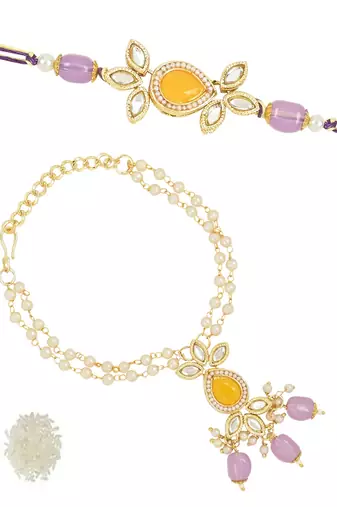 rakshabhandhan special meenakari kundan stone bhaiya bhabhi pearl hanging lumba bracelet rakhi combo set