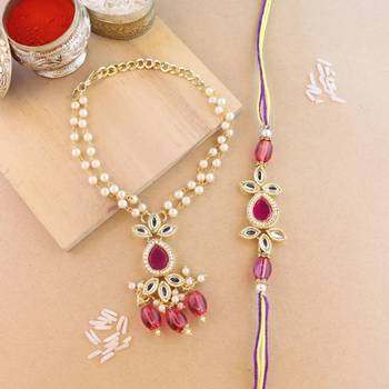 rakshabhandhan special meenakari kundan stone bhaiya bhabhi pearl hanging lumba rakhi combo set with 1