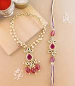 rakshabhandhan special meenakari kundan stone bhaiya bhabhi pearl hanging lumba rakhi combo set with