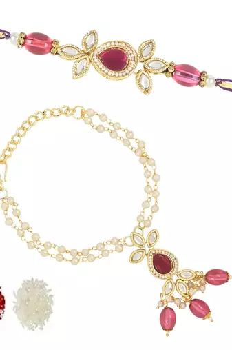 rakshabhandhan special meenakari kundan stone bhaiya bhabhi pearl hanging lumba rakhi combo set with