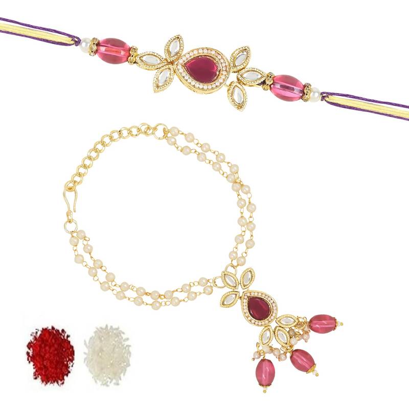 rakshabhandhan special meenakari kundan stone bhaiya bhabhi pearl hanging lumba rakhi combo set with