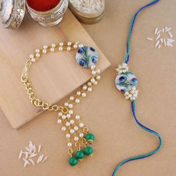 rakshabhandhan special peacock feather beads bhaiya bhabhi pearl hanging lumba rakhi combo set with 1