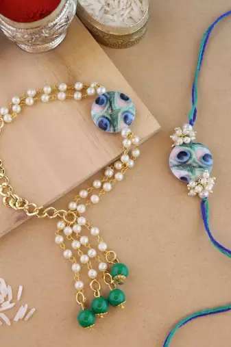 rakshabhandhan special peacock feather beads bhaiya bhabhi pearl hanging lumba rakhi combo set with