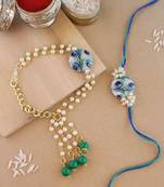 rakshabhandhan special peacock feather beads bhaiya bhabhi pearl hanging lumba rakhi combo set with